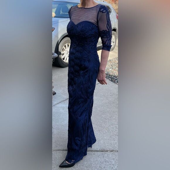 Nordstrom JS Collections dark blue mesh/embroidered maxi dress, v-back, zipper,2 - Picture 6 of 10